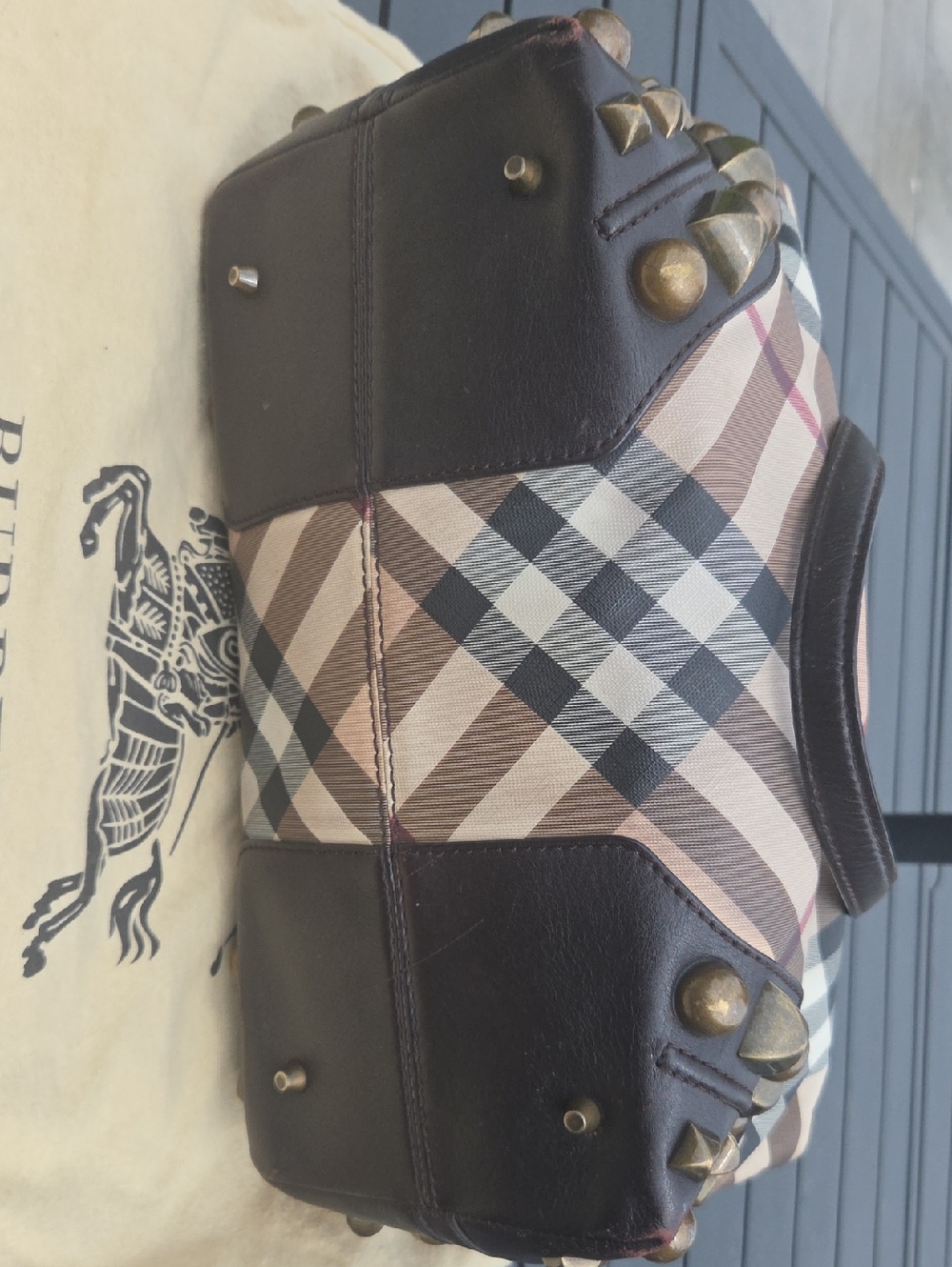 Burberry Beige Plaid Tote with Black Leather Handles and Gold Studs - Picture 5 of 13